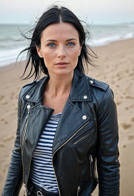 Stunning analog photo of a beautiful 38 years old Dutch woman, striped t-shirt, leather jacket, leather pants, perfect face, absolute beauty, sexy pose, natural raven black hair, hair pulled back tight, blue eyes, freckles, freckles and moles all over body, absolute perfect tits, big tits, soft natural tits, walking the beach in Zeeland, early morning, misty, soft natural early morning light light, ultra realistic, extremely detailed