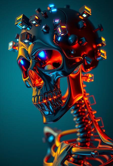 A hyperdetailed, close-up portrait of a skeleton, rendered in a dark, futuristic aesthetic with a strong emphasis on neon and glowing elements. The skeleton exhibits a blend of smooth quality and colored pencil realism, featuring vibrant colors including gold, orange, and various shades of blue that create a dynamic interplay. Numerous reflective, glitched cubes of various sizes and shapes encapsulate and adorn the skeleton's features, reflecting luminous, multicolored light strips and electric blue accents. The lighting is low-key, with strong highlights from the glowing elements creating sharp contrasts. The background is a deep teal blue, providing a stark contrast to the vibrant subject, conforming to the dominant color palette of deep blues, blacks, and purples. All textures focus on smooth, reflective surfaces and shimmering metallic effects, consistent with a polished, digital artwork or high-fidelity 3D render. The overall impression is one of advanced technology and sleek design, with a modern, abstract, and ethereal style, suggesting a liquid or metallic dreamlike quality and a sense of calm and tranquility. The visual style references surrealism, abstract art, and liquid metal digital art, focusing on a reflective and polished aesthetic. <lora:clear:1>, <lora:FF.101.juggernautXL_version6Rundiffusion.LORA:1>, <lora:Hyperdetailed_Colored_Pencil:1>, <lora:SDXLDetailer:1>