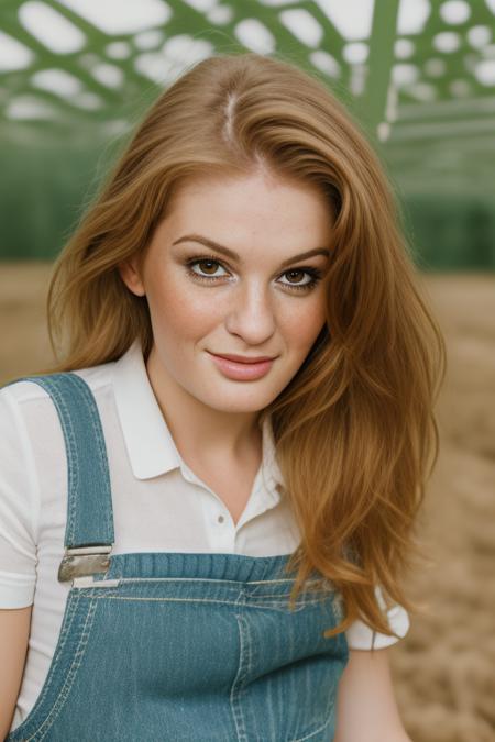 photography of an (closeup portrait) woman, realistic <lora:FayeReagan3:1>  wearing overalls white shirt on farm, vibrant colors