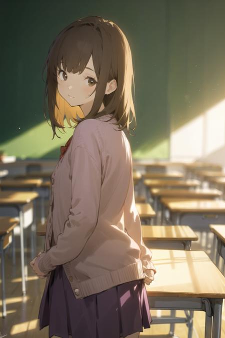 Veiling Glare, 1girl, solo, skirt, signature, blurry, looking at viewer, looking back, desk, brown hair, indoors, blurry background, brown eyes, classroom, shirt, cardigan, purple skirt, bangs, depth of field <lora:Veiling_Glare-pynoise:1>