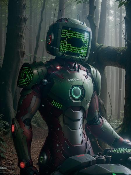 ironman armor, (in the style of codebullet:1.2), 1boy, (codebullet head:1.1), 
in a forest,
photographed on a Sony a9 II,
50mm wide angle lens, sharp focus,
cinematic film still from Gravity 2013
<lora:Codebullet:0.8>