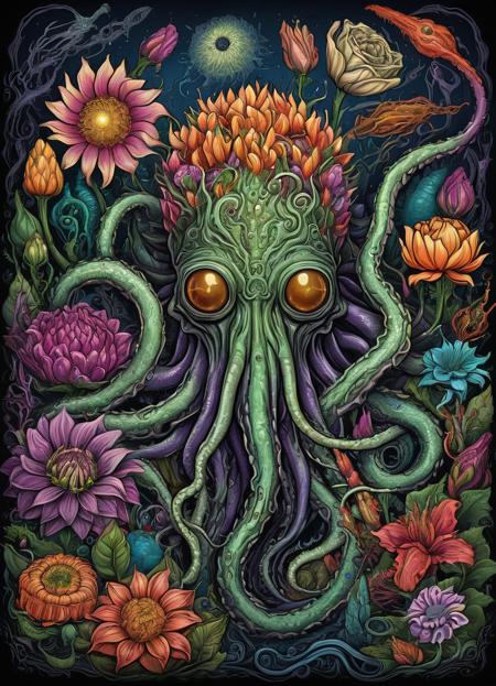 lovecraftian horror, flowers, extremely detailed, colorful