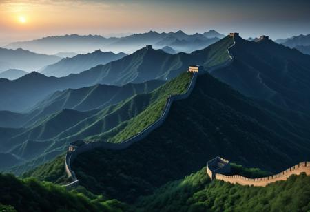 A vast, 
ancient landscape with the Great Wall of China stretching endlessly across mountain ridges, 
shrouded in early morning mist, 
with rugged terrain and a sense of endlessness., 
perfect composition, 
beautiful detailed intricate insanely detailed octane render trending on artstation, 
8 k artistic photography, 
photorealistic concept art, 
soft natural volumetric cinematic perfect light, 
chiaroscuro, 
award - winning photograph, 
masterpiece, 
oil on canvas, 
raphael, 
caravaggio, 
greg rutkowski, 
beeple, 
beksinski, 
giger