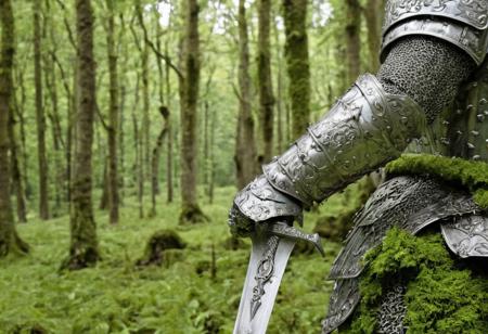Celtic tower, close-up of metal armor overgrown with green moss shoulder and arm and sword in hand, side view Flemish Baroque, armor, Alexander McQueen, Gothic art against a forest background