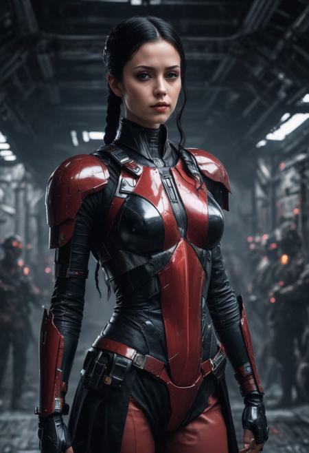 Beautiful sinister Dark Sith girl, clad in intricate dark sith tight red-black combat outfit, Star Wars style, Standing aboard an Imperial Destroyer, realistic brown eyes, wavy black hair, Sensual female curves, perfect athletic figure, beautiful perfect detailed pupils, wet oily shiny skin, beautiful firm Breasts, defiant and seductive, high contrast, colorful polychromatic, ultra detailed, ultra quality, CGSociety fighting stance, Cinematic Lighting, intricate, smooth, sharp focus digital painting, Asymmetrical Balance, hyperdetailed painting, dynamic lighting, complex, head and full body portrait, 8k resolution concept art portrait by Greg Rutkowski, Attractive, Atrractive 21 years old woman, Attractive bust girl
