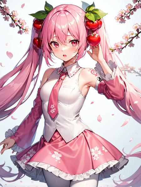 1girl, solo, pink hair, pink eyes, twintails, food-themed ornament, cherry_ornament, ((cherry_blossom print)), sleeveless, sleeveless shirt, detached sleeves, white shirt, pink necktie, petals, pink skirt, <lora:epiNoiseoffset_v2:1>, rim light, pink_pantyhose, tattoo, bare_shoulders, pink sleeves, shoulder tattoo, <lora:Sakura_Miku-10:1>