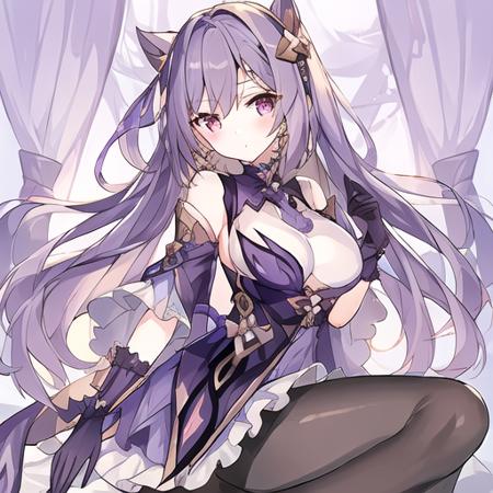 <lora:wkeqin:1>, 1girl, bare_shoulders, breasts, brown_legwear, detached_sleeves, dress, frills, full_body, gloves, hair_cones, hair_ornament, keqing_\(genshin_impact\), long_hair, looking_at_viewer, pantyhose, purple_dress, purple_eyes, purple_hair, solo, masterpiece, best quality