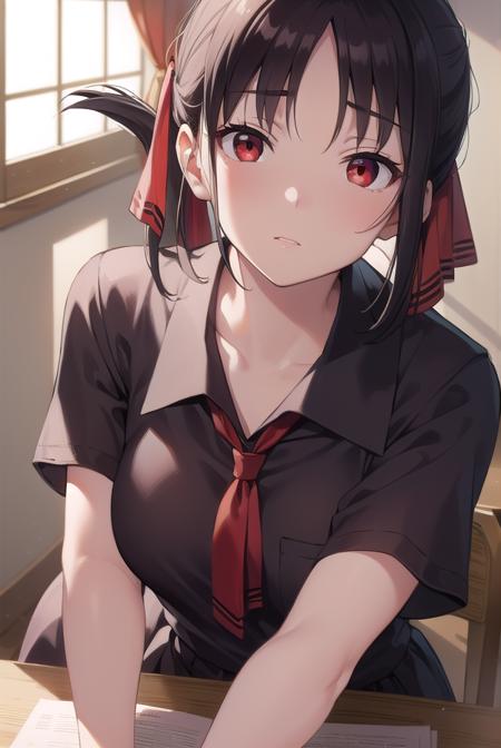 kaguyashinomiya, <lora:kaguyashinomiyatest:1>,
kaguya shinomiya, folded ponytail, forehead, hair ribbon, (red eyes:1.5), red ribbon, ribbon, short hair, sidelocks, (small breast:1.2),
BREAK black dress, dress, pinafore dress, school uniform, shirt, short sleeves, shuuchiin academy school uniform, white shirt,
BREAK looking at viewer,
BREAK indoors, classroom,
BREAK <lora:GoodHands-vanilla:1>, (masterpiece:1.2), best quality, high resolution, unity 8k wallpaper, (illustration:0.8), (beautiful detailed eyes:1.6), extremely detailed face, perfect lighting, extremely detailed CG, (perfect hands, perfect anatomy),