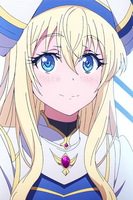 priestess, 1girl,  blonde hair,  blue eyes,  solo,  long hair,  smile,  hat,  looking at viewer,  blush,  hair between eyes,  white headwear,  closed mouth,  bangs,  anime coloring
high quality, best quality, ultra detailed, masterpiece, <lora:EMS-58735-EMS:1.000000>