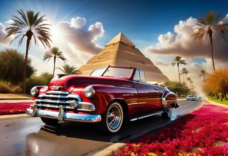 cinematic photo of 1952 Chevrolet Convertible, magnificent three pyramids of Giza appear clearly, charm, highly detailed car, Professional lighting, full of life, Lively and energetic, 8K, rays of sun flow beyond heavy clouds, HDR, Fast & Furious movie, motion blur, moving tires, Cinematic Shot, Cinematic Lighting, amazing world, pure perfection, Need For Speed, wide angle exterior background, wet asphalt road, autumn leaves, grass, flowers, jasmine flowers, palm trees, nebula horizon.