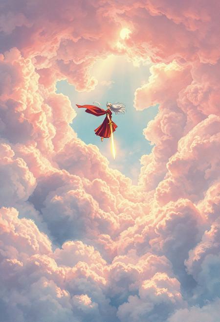 "Vertical 9:16 anime-style sky in ultra-detailed 4K resolution. A vast, painterly sky filled with dense, textured clouds stretching across the entire scene. The clouds are layered in organic folds and intricate formations, creating depth and tension. Soft gaps in the clouds reveal vibrant patches of baby-blue sky and warm sunlight beams filtering down, casting a golden glow. Above, Inuyasha floats mid-air, his iconic red robe fluttering in the wind and his silver hair flowing wildly around him. He grips Tessaiga firmly in one hand, the sword emanating an ethereal glow. The atmosphere is dreamy and emotional, painted in a hyper-realistic watercolor style with delicate cel shading. Soft pastels of pink, sky-blue, and golden light blend together, creating a nostalgic and mystical tone. Fine edge lighting and subtle ambient haze add cinematic depth, making the scene feel both grounded and surreal, ready for motion or dynamic action."