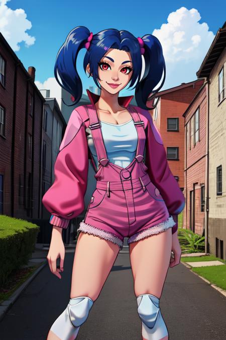 Alice,twintails,red eyes, blue hair,  smirk, 
pink overall shorts, white shirt, white knee pads, pink shoes,  pink jacket, 
upper body, smile,  standing, 
outdoors, city, 
(insanely detailed, beautiful detailed face, masterpiece, best quality) <lora:AliceBR2:0.7>