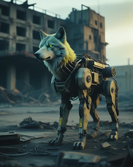 A cybernetic wolf stands amidst ruins, with one side resembling a mechanical robot and the other side retaining its natural fur. The background is a desolate wasteland with crumbling buildings, rusted machinery, and a toxic yellow sky. Incorporate subtle details like glowing blue circuits, exposed wires, and worn leather straps to convey a sense of decay and technological overreach