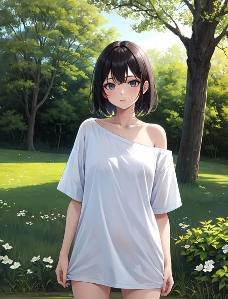 masterpiece, best quality, outdoors, field, grass, forest,
1girl, solo, looking at viewer, cowboy shot, shirt, white shirt, collarbone, short sleeves, t-shirt, off shoulder, oversized shirt, naked shirt, oversized clothes,
<lora:Concept_Oversized:1>