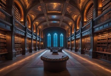 A castle large hall filled with books and futuristic technology. The room has a colorful and mysterious feeling, being like a library. There are brown and grey colours present. There is a large futuristic screen on the wall.