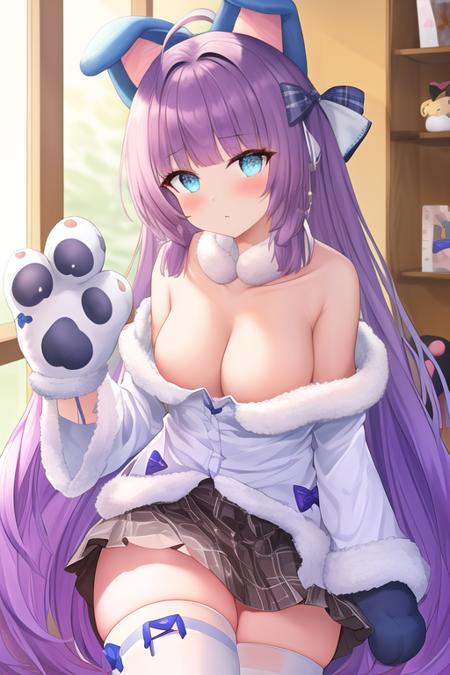 masterpiece, best quality, highres, solo, {tashkent_azurlane:1.10}, long_hair, purple_hair, blue_eyes, blush, very_long_hair, animal_ears, bangs, fake_animal_ears, ribbon, hair_ribbon, hair_ornament, 1girl, animal_hands, bow, gloves, looking_at_viewer, paw_gloves, bare_shoulders, hair_bow, skirt, fur_trim, thighhighs, white_thighhighs, plaid, off_shoulder, purple_skirt