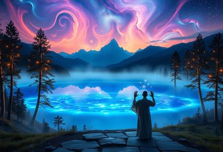 A mystical, ethereal landscape at twilight with a glowing crystal lake at its center, reflecting a radiant, multicolored sky of swirling nebulae and distant galaxies. Tall, bioluminescent trees with intricate, glowing patterns line the edges of the lake, while delicate mist swirls above the water’s surface. At the horizon, majestic mountains rise into the sky, their peaks crowned with iridescent clouds. In the foreground, a lone figure dressed in flowing robes stands on a smooth stone path leading to the lake, their hands raised in a gesture of summoning magic, surrounded by softly glowing orbs of light. The scene is infused with an otherworldly calm and deep sense of wonder, as if time itself is slowing down in this serene, alien realm.