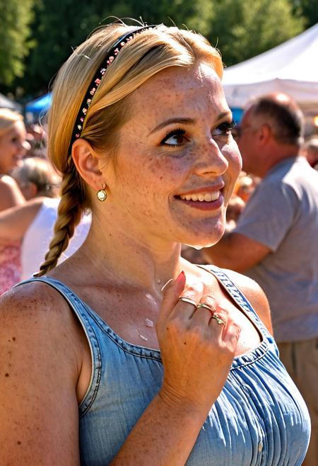 A hyperrealistic, head and shoulders, candid style picture of a beautiful 35 year old German woman. She has a curvy figure, blonde hair styled into a braided headband with her own hair. She is dressed in a (light chambray blue sundress which features a modest scoop neckline, sleeveless bodice, and gentle pleats below the natural waist. A sprinkling of small floral embroidery along the hem gives it a playful touch). She has makeup on, which is (Dewy skin with light coverage foundation, sun-kissed bronzer, fluttery lashes, coral cream blush, faux freckles, and a tinted balm for a flushed lip look) and is wearing a sparkling necklace, large hooped earrings and multiple rings on her fingers. She is out with family at a local fair on a sunny afternoon. The Colourful lights and crowd, creates a lively energy. She has been caught mid conversation, her expression happy and clearly showing she is having a good time. Creamy bokeh effect, use an 85mm lens, eye level, tight crop framing to show head and shoulders. There is bright Natural light, mixed in with the colours of the fair.