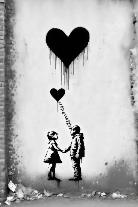 <lora:Banksy Style:1>Banksy Style - black and white illustration of the language of love in the style of banksy