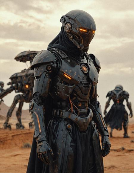 Hyperrealistic art Surrealist art breathtaking cinematic film still wandering cloaked war-machine,humanoid bipedal mech with LED visor in X pattern,draped in tattered black robes,traversing dry alien wasteland,wind lifting fabric slightly,remnants of battle embedded in limbs,desolate sky and orange-brown terrain,concept of exiled guardian,photographed on Kodak Vision3 200T,Canon EOS R3 with 85mm lens,tone of solitude,survival,and reverence,<lora:add-detail-xl:1>,OverallDetailXL,ArsMovieStill,<lora:MJ52_v2.0:0.7>,<lora:EldritchCandids1.1.2:0.75>,<lora:EpicF4nta5yXL:0.4>,<lora:Year_3000_Movie_Stills:0.5> . shallow depth of field, vignette, highly detailed, high budget, bokeh, cinemascope, moody, epic, gorgeous, film grain, grainy . award-winning, professional, highly detailed . Dreamlike, mysterious, provocative, symbolic, intricate, detailed . Extremely high-resolution details, photographic, realism pushed to extreme, fine texture, incredibly lifelike