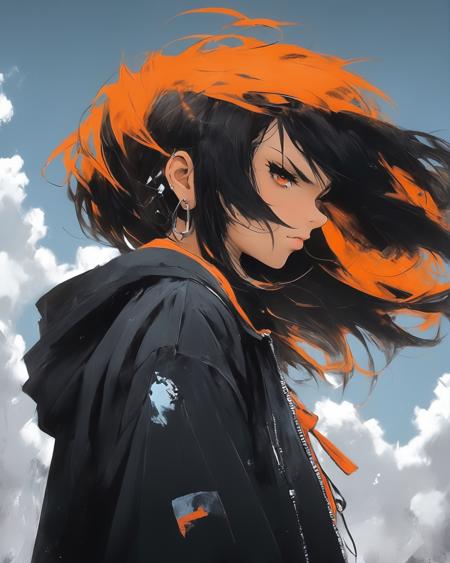 1girl, black hair, long hair, looking at viewer, orange eyes, earrings, jewelry, outdoors, solo, bangs, upper body, hood, jacket, hood down, closed mouth, from side, piercing, hair between eyes, cloud, anime style