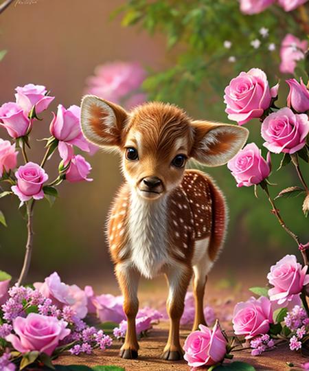 ultra-detailed CG art, adorable fawn surrounded by ethereal roses, pastels, glimmer bokeh, ethereal, best quality, highest resolution, intricate details, fantasy, cute animals <lora:Hyperrealisticv5:1>