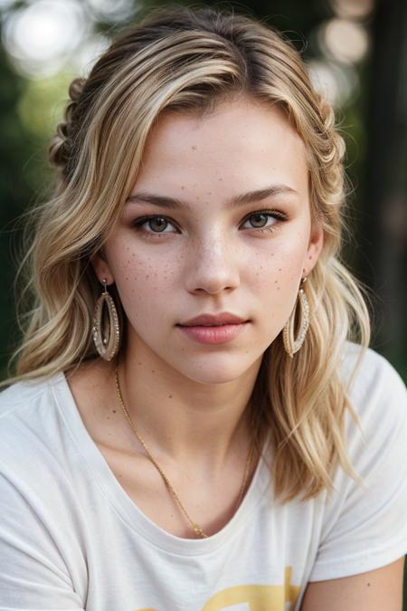 photo of (ryamp0lsky-135:0.99), closeup portrait, perfect blonde hair, hair upsweep updo, portrait, (modern photo, Pastel Yellow graphic tee), 24mm, (analog, cinematic, film grain:1.3), (plain Burlap Brown background, gradient:1.1), ((detailed eyes)), (seductive pose), (epicPhoto), earrings