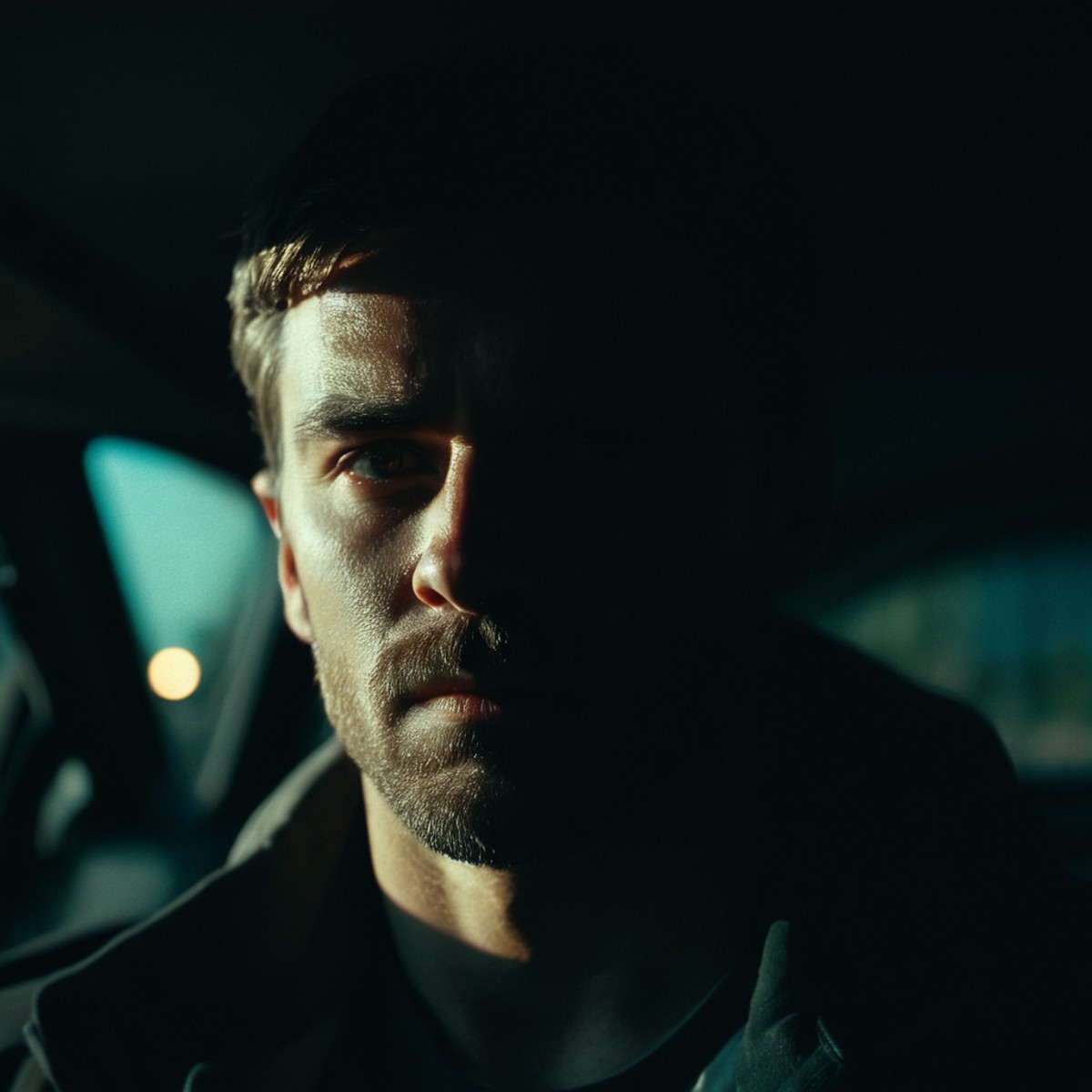 cinematic film still of  <lora:Split Lighting style v2:1>
Split Lighting Photography of a man in a car looking at somethin...