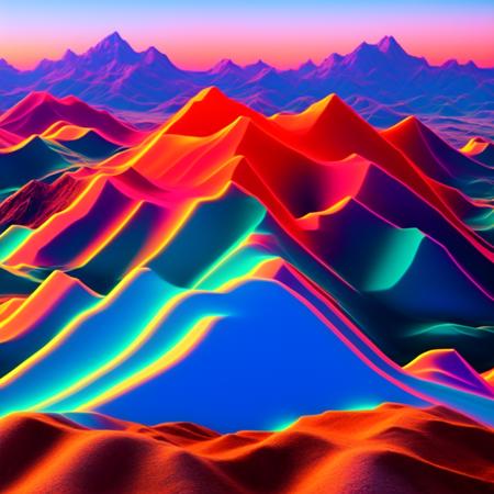 (PrismaHills:1) a computer generated image of a mountain range in neon colors <lora:PrismaHills_LoraBooth:1>