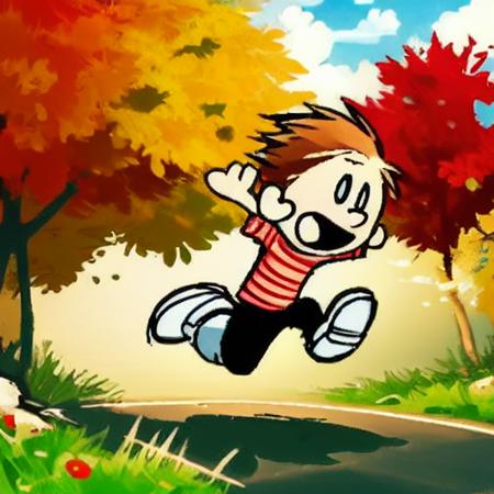 a cartoon boy running, art by <lora:CalvinandHobbes:0.8>