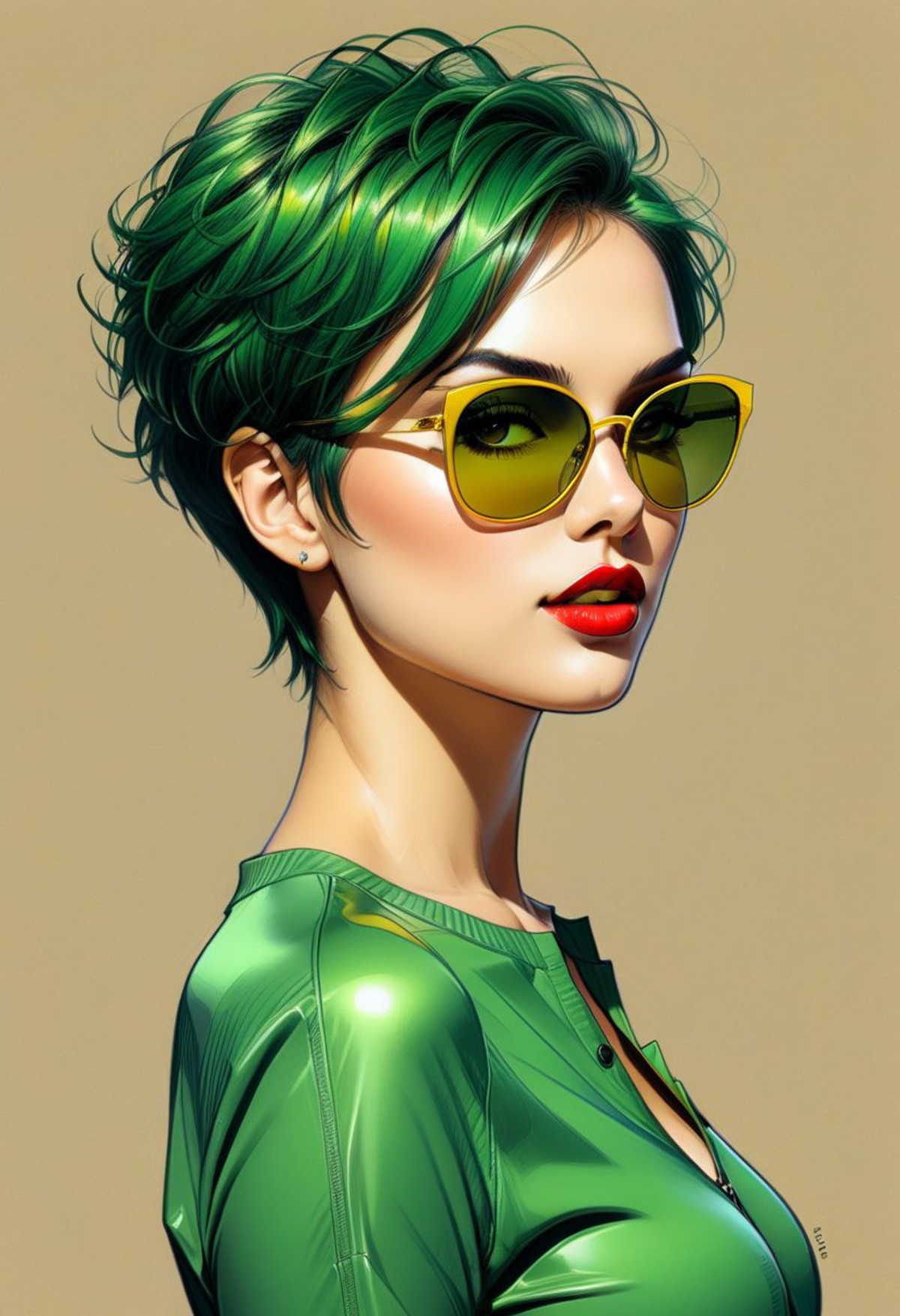 pencil Sketch of a beautiful profile athletic woman 30 years old, green short hair, yellow shades, sunglasses, disheveled ...