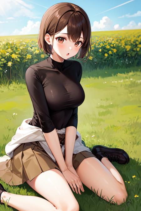 masterpiece, best quality, highres, hyuugaise, short hair, black shirt, skin tight, brown skirt, clothes around waist, <lora:hyuuga_&_ise_v1:0.8>, shoes, sitting, wariza, :o, grass, field,