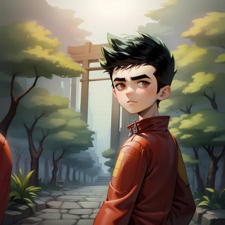 ((masterpiece, best quality)),solo,1boy,upper body,  jake long, black hair, red jacket, thick eyebrows, spiked hair, shorts, <lora:JakeLong1:0.8>, forest,