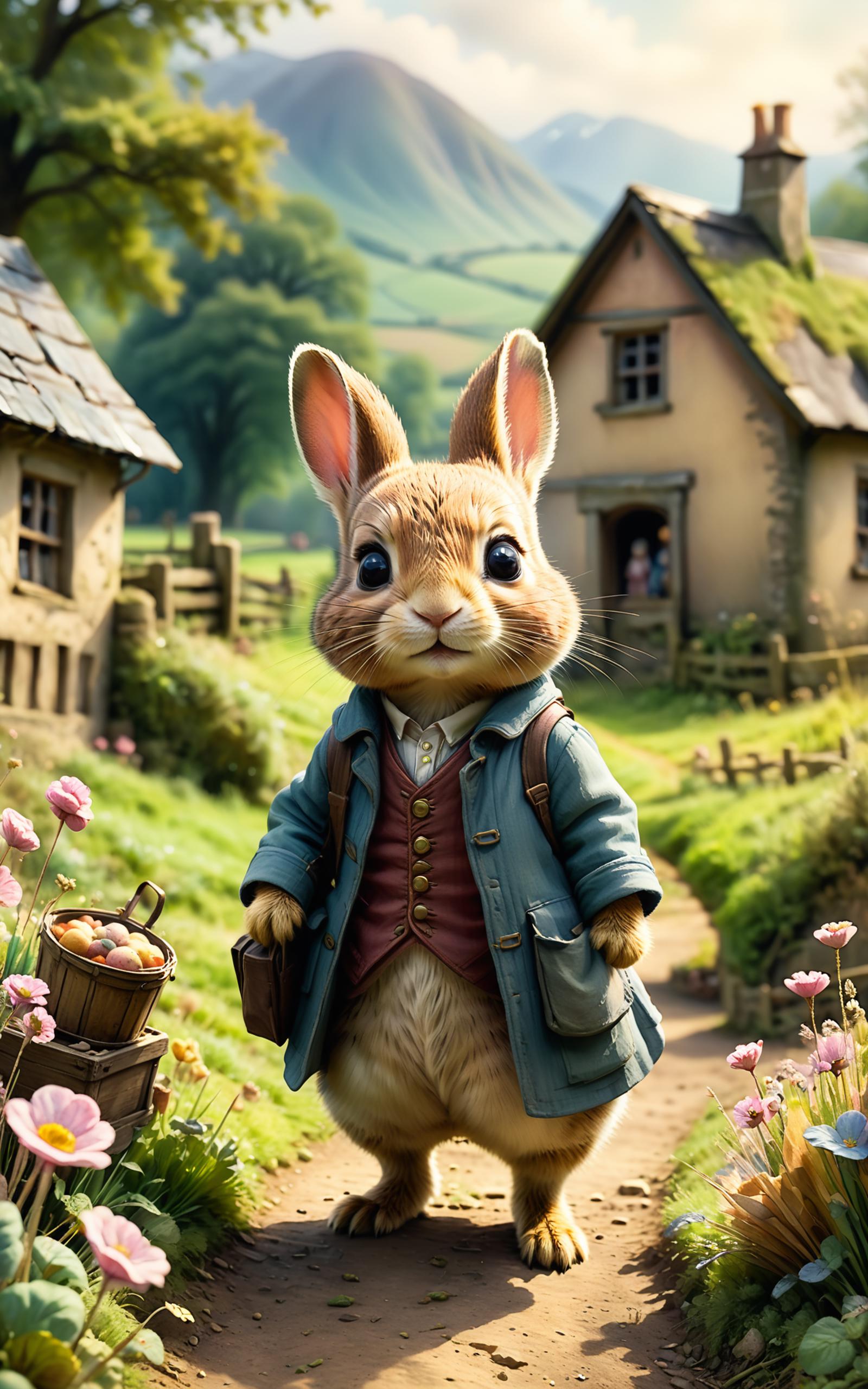 A cartoon bunny character wearing a jacket and holding a briefcase.