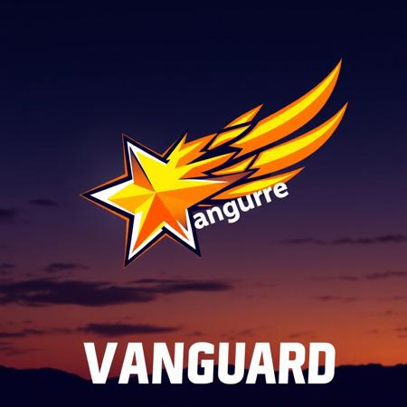 A sport team logo, minimalist style with solid outlines, cartooney
A blazing, winged star streaking through a twilight sky, leaving behind a bright tail of gold and orange. The star has a sharp, metallic edge and seems to be in the middle of transforming, with parts of it shifting into a crystalline structure. The wings appear to be made of glowing plasma, representing a transition between form and energy. "Starblaze Vanguard" is embedded in the tail, with each letter trailing sparks.