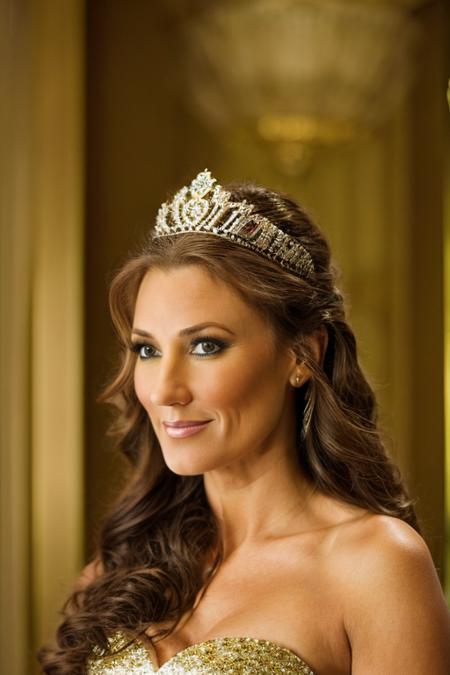 pageant costume ,  office , evening  <lora:Orla_Brady:1> masterpiece, best quality, detailed face,, 1girl, solo, a mature o1873b, brown_eyes, realistic, brown_hair, long_hair, posing,