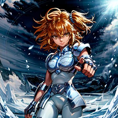 masterpiece, best quality, highres, solo, 1girl, subtle smile, detailed background,ice,outdoors,medium breasts,aaritsuka, short hair, ahoge, hair scrunchie,fingerless gloves ,<lora:more_details:0.6>, pauldrons ,  <lora:fujimaru_ritsuka_(female)_v1:1>, <lora:hyogaV2:0.8>,cygnus final,light rays,snowing