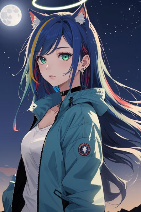 (1girl, solo:1.4), (multicolored hair:1.2), (blue hair:1.2), long hair, streaked hair, halo, looking at viewer, animal ears, green eyes, earring, blue jacket, choker, upper body, floating hair, open jacket
night, full moon, outdoors