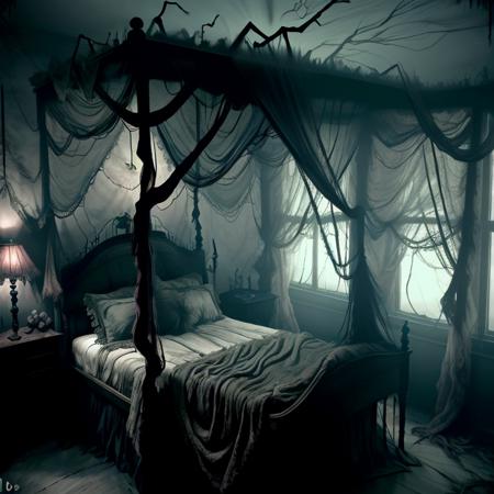 <lora:GloomyNightmareAI:1> GloomyNightmareAI canopy bed in a bed room