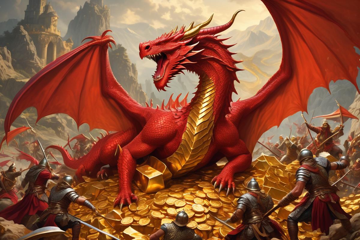 A painting of a large red dragon standing on a pile of gold coins, surrounded by knights.