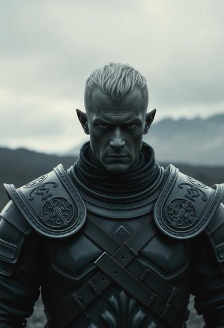 In the style of cinematic movie-still shot with 6k-dragon-red. Surprisingly realistic lighting, textures, and details;
A powerful and enigmatic fighter with,  vantablack skin and short silver hair . He has a grim and foreboding presence, with small/short and pointed ears and clad in smooth dark armor. his expression is somber and introspective as he stands stoically, staring toward the viewer, . Set in a desolate landscape under a dim, gloomy sky. his stark armor features h one sharply distinct runic glyph on each Spaulder , giving an air of and mysticism. The atmosphere around him is dark and moody, with a cold gray hue that accentuates his powerful, stoic presence and dark-gray skin-tone. The overall scene conveys a sense of solitude, strength, and loss , as though he is a guardian of a fallen, forgotten realm.