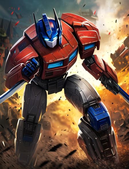 best quality, masterpiece, highres, detailed, digital artwork, <lora:Detail - add_detail:0.2>, OptimusPrime, blue eyes, robot, red body, blue head, glowing eyes, battlefield, holding sword, lasers,  <lora:Character - OptimusPrime:0.8>