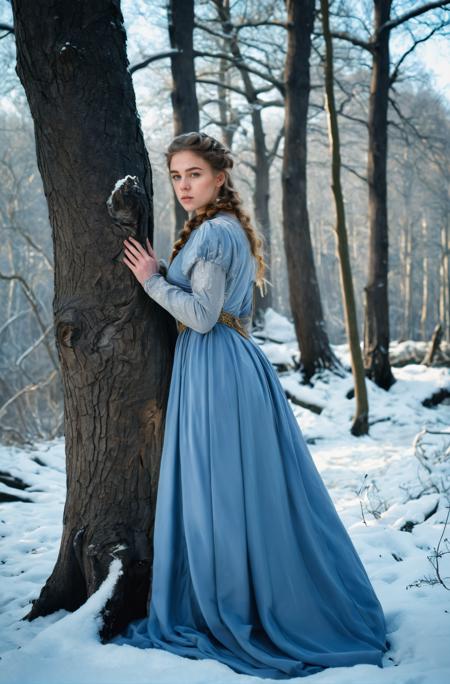 18 yo english girl,Focusing,breathtaking,nature,dgtlv2,8k,(wintertime:1.2),(snow:1.2),Huge trunk(A forest of tall oak trees covered with snow:1.2),streams,Frozen stream,representational,fashion editorial,full body,looking at viewer,depth of field,(Grey blue gold Viking dress:1.2),(Victorian age),<lora:add-detail-xl:0.7>,
