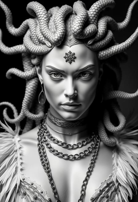 Close Up shot, front view of Medusa, beautiful, snakes in the hair, chains necklaces, feathers pauldron, hyper realistic, ultra detailed black and white Photography studio style