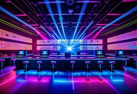 score_9, score_8_up, score_7_up, score_6_up,high definition, detailed, strip dancer woman in,  A massive, realistic nightclub with a high-energy atmosphere. The club features a spacious dance floor with glowing LED panels, a central stage with dynamic lighting effects, and VIP lounges with neon-lit furniture. Tall, sleek pillars support a high ceiling  A DJ booth with advanced digital equipment sits at the heart of the club, surrounded by massive speakers and laser beams cutting through the air. The walls are lined with neon strips, pulsing in sync with the music. A bar area with illuminated countertops serves realistic cocktails, while dancers move under a dazzling array of moving spotlights and disco balls. The environment is stylish, modern, and filled with vibrant colors, fog effects, and immersive lighting and many poles for dancers