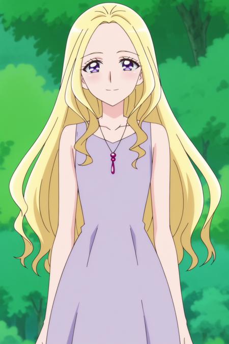 1girl, fuurin asumi, healin' good precure, purple eyes, blonde hair, straight hair, long hair, dress, collarbone, necklace,  hair bun, collarbone, sleeveless, scarf, necklace,   1girl, cure earth, healin' good precure, blue eyes, long hair, purple hair,  magical girl, purple dress, circlet, hair ornament, earrings, collarbone,  anime screencap, anime coloring,