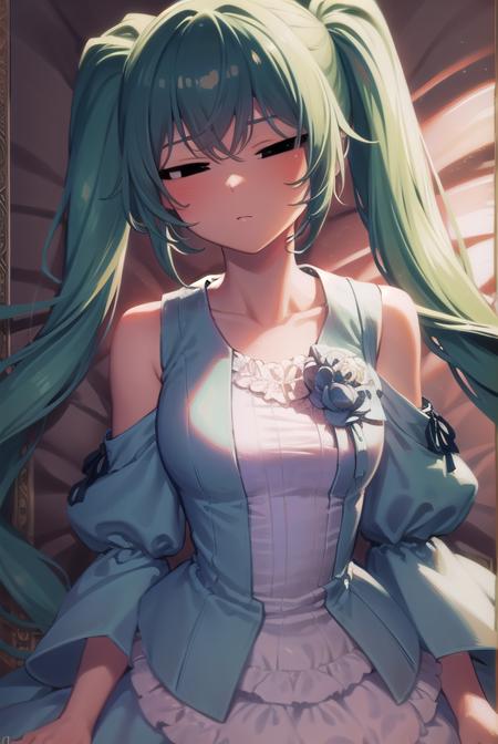 margaritablankenheim, <lora:margaritablankenheim-lora-nochekaiser:1>,
margarita blankenheim, aqua eyes, aqua hair, long hair, twintails, <lora:hotarueye_comic2_v100:1>,
BREAK aqua dress, bare shoulders, clothing cutout, collarbone, dress, frilled dress, frills, long dress, shoulder cutout, wide sleeves,
BREAK cowboy shot, looking at viewer,
BREAK indoors, bed,
BREAK <lyco:GoodHands-beta2:1>, (masterpiece:1.2), best quality, high resolution, unity 8k wallpaper, (illustration:0.8), (beautiful detailed eyes:1.6), extremely detailed face, perfect lighting, extremely detailed CG, (perfect hands, perfect anatomy),