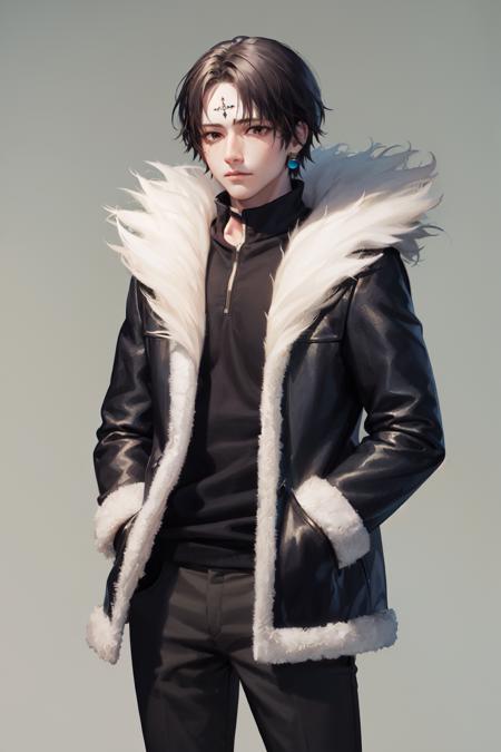 (masterpiece, best quality:1.2), <lora:hxh_lucilfer-10:0.8>, cowboy shot, solo, male focus, 1boy, chrollo lucilfer, expressionless, closed mouth, hands in pockets, fur trim, black coat, open coat, long sleeves, black pants, jewelry