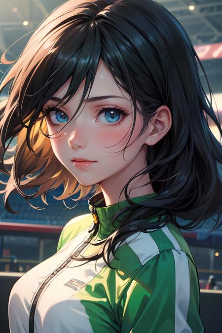 Cowboy Shot,((glossy eyes)),1girl,20s,light_smile,closed_mouth,long black hair,dark blue eyes,track suit,in a baseball field,upper body,(masterpiece, best quality, ultra-detailed),(an extremely delicate and beautiful,hyper photorealistic:1.1),(high resolution,official art:1,2),(depth_of_field:1.25),(hyper realistic shadows, hyper realistic textures, hyper realistic lights, hyper realistic skin, hyper realistic eyes, hyper realistic face, hyper realistic body, hyper realistic hair, hyper realistic background:1.1),(dynamic angle:1.2),focus,overexposure,(illustration,beautifully painted:1.1),(cinematic lighting:1.2),(light_green:1.3),Personage as the main perspective,neat figure,(beautiful detailed eyes:1.1),(dynamic angle:1.2),(extremely detailed anime:1.3),(a extremely delicate and beautiful woman:1.1),(illumination:1.2),<lora:GoodHands-beta2:1>,<lora:more_details:0.3>,<lora:GPTS4 dreamwave full_478773:0.3>,