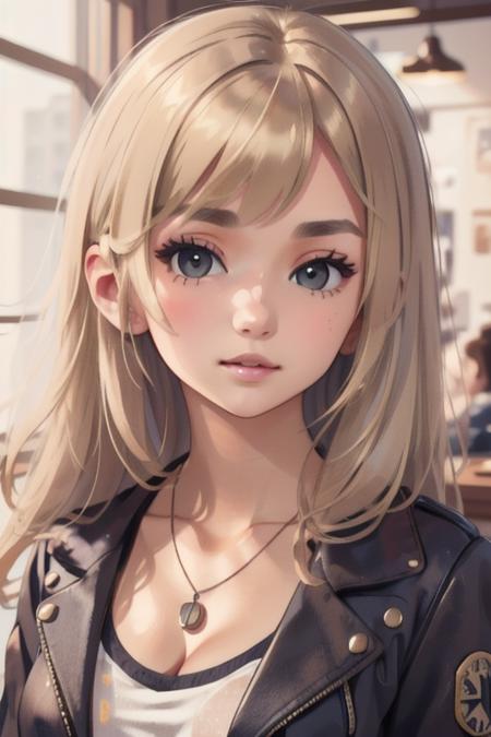 Shay Qin blonde, grey eyes, jacket, cleavage,